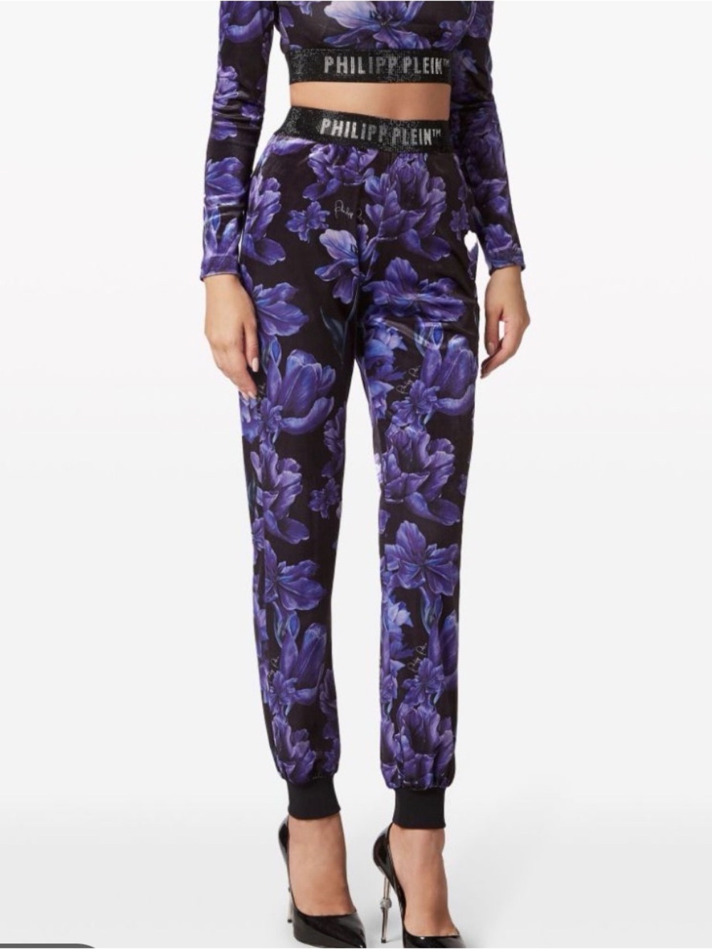 Philipp Plein Black and Purple Floral Track Joggers